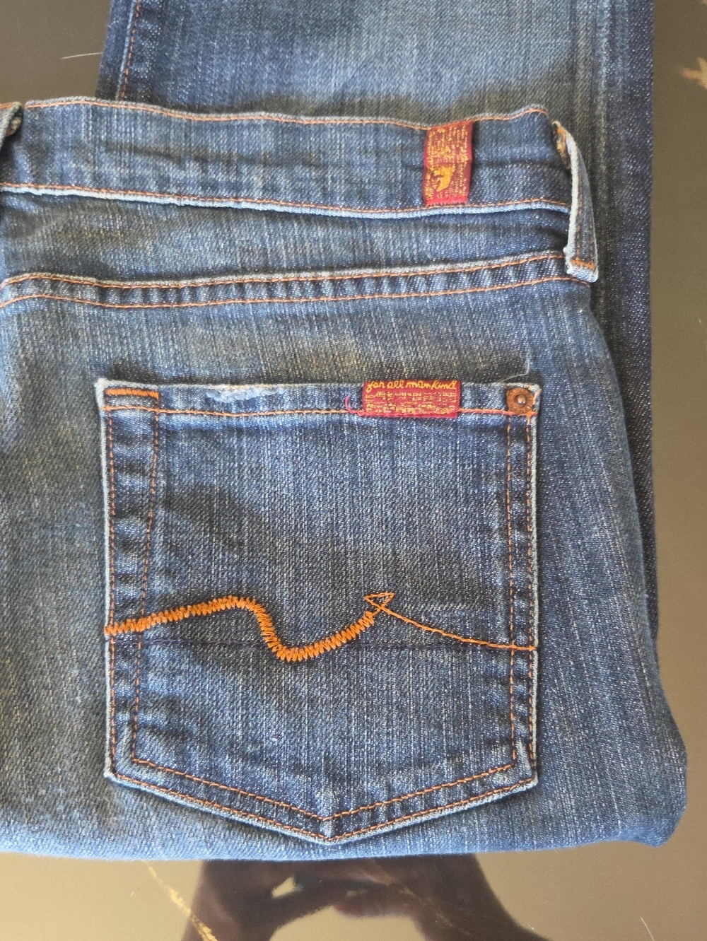 7 For All Mankind Medium Blue Bootcut Jeans with Orange Stitching